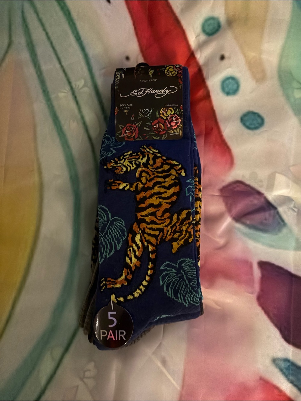 Ed Hardy Blue Crew Socks with Yellow Tiger Motif 5 Pairs